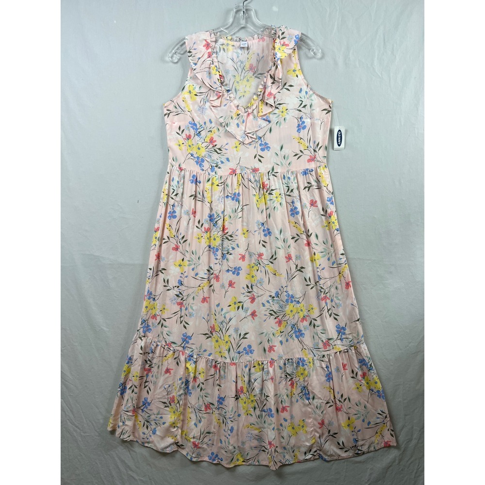 Old Navy Midi Dress Womens S Pink Floral Ruffle V-Neck Tiered Sleeveless